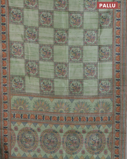 Semi tussar saree pista green with allover mathubani prints & kantha stitch work