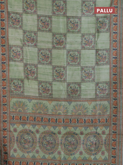 Semi tussar saree pista green with allover mathubani prints & kantha stitch work