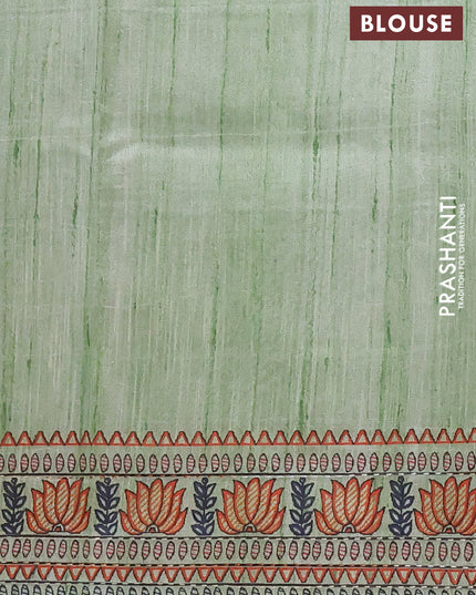 Semi tussar saree pista green with allover mathubani prints & kantha stitch work