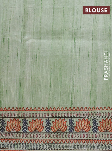Semi tussar saree pista green with allover mathubani prints & kantha stitch work