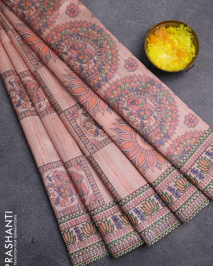 Semi tussar saree peach shade with allover mathubani prints & kantha stitch work