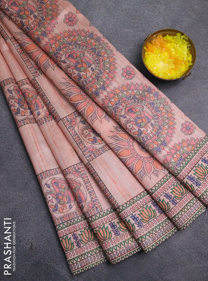 Semi tussar saree peach shade with allover mathubani prints & kantha stitch work
