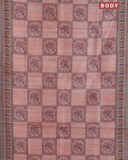 Semi tussar saree peach shade with allover mathubani prints & kantha stitch work