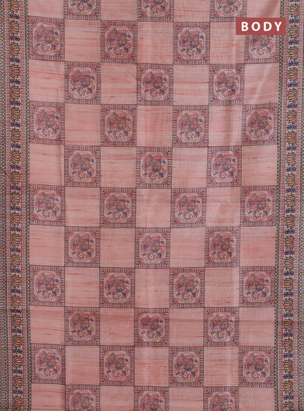 Semi tussar saree peach shade with allover mathubani prints & kantha stitch work