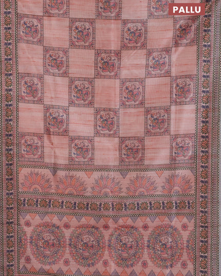 Semi tussar saree peach shade with allover mathubani prints & kantha stitch work