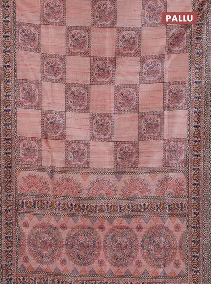 Semi tussar saree peach shade with allover mathubani prints & kantha stitch work