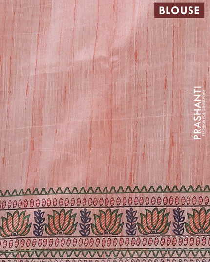 Semi tussar saree peach shade with allover mathubani prints & kantha stitch work