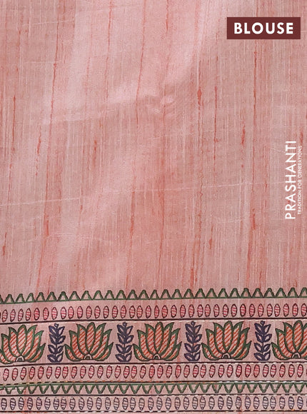 Semi tussar saree peach shade with allover mathubani prints & kantha stitch work