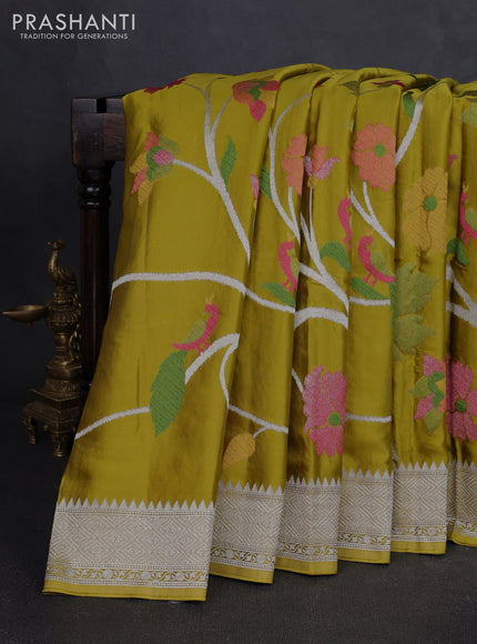 Art mushru silk saree lime yellow with allover thread & zari woven jamdhani weaves and zari woven border
