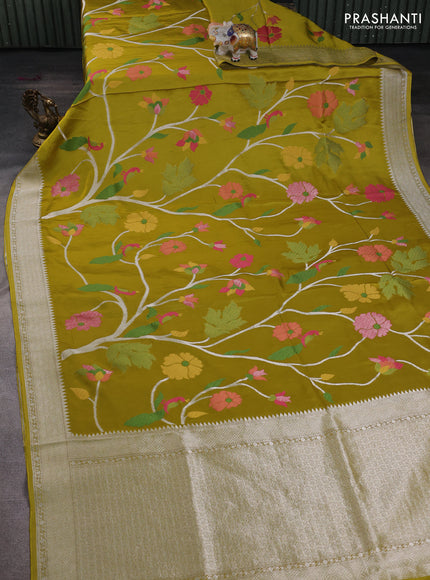 Art mushru silk saree lime yellow with allover thread & zari woven jamdhani weaves and zari woven border