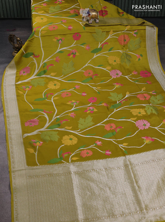 Art mushru silk saree lime yellow with allover thread & zari woven jamdhani weaves and zari woven border