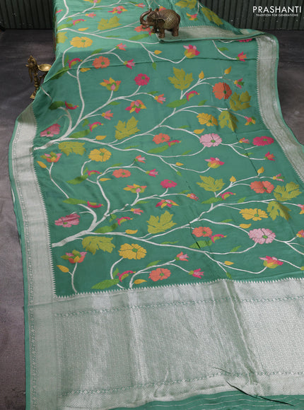 Art mushru silk saree pastel green with allover thread & zari woven jamdhani weaves and zari woven border