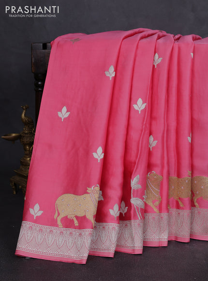 Art mushru silk saree peach pink with silver zari woven buttas and pichwai zari woven border