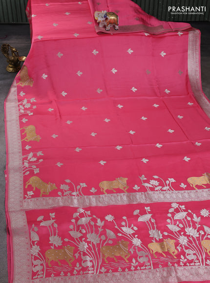 Art mushru silk saree peach pink with silver zari woven buttas and pichwai zari woven border
