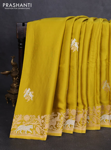 Art mushru silk saree mustard green with silver & gold zari woven buttas and zari woven border