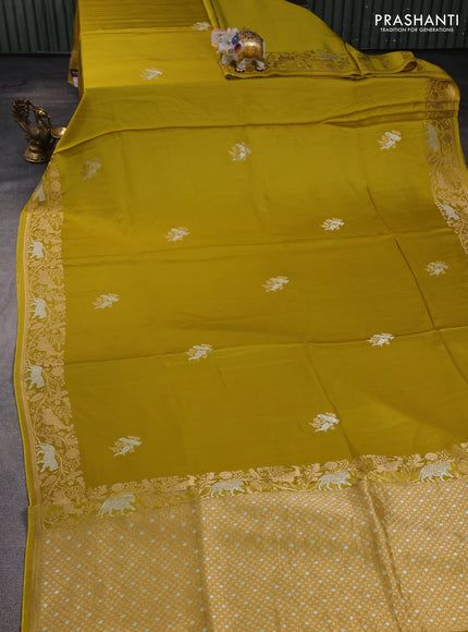 Art mushru silk saree mustard green with silver & gold zari woven buttas and zari woven border