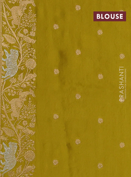 Art mushru silk saree mustard green with silver & gold zari woven buttas and zari woven border