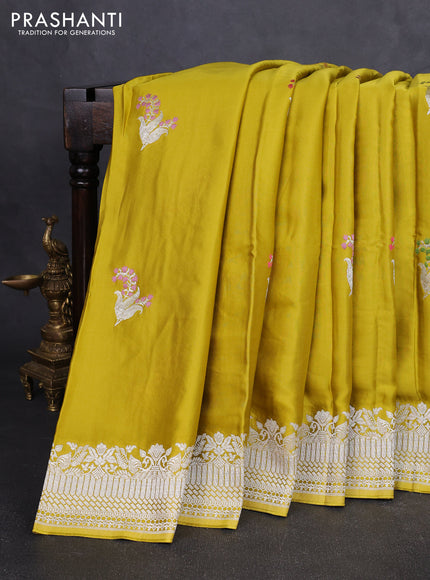 Art mushru silk saree lime yellow with zari woven buttas and zari woven border