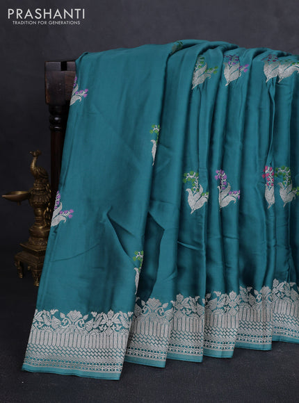 Art mushru silk saree teal blue shade with zari woven buttas and zari woven border