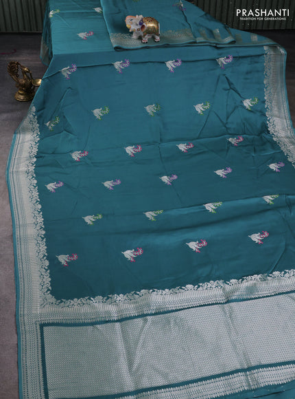 Art mushru silk saree teal blue shade with zari woven buttas and zari woven border