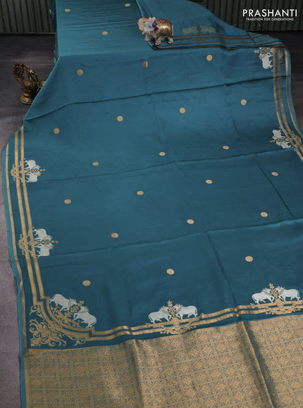 Art mushru silk saree peacock blue with zari woven coin buttas and zari woven border