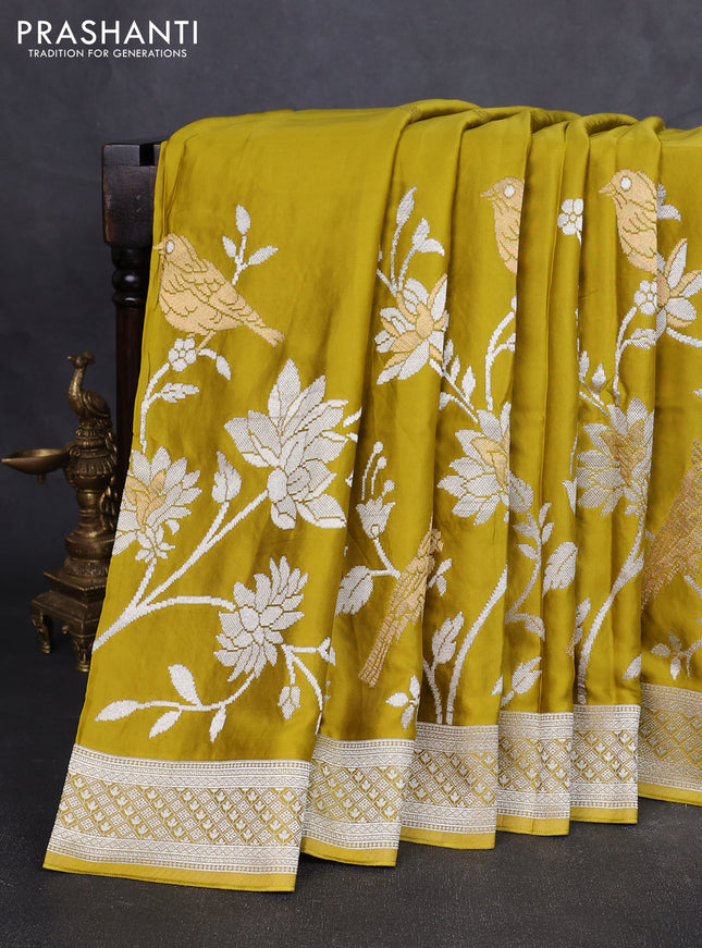 Art mushru silk saree mustard green with zari woven buttas and long zari woven border