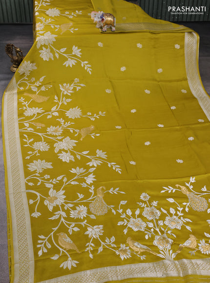Art mushru silk saree mustard green with zari woven buttas and long zari woven border
