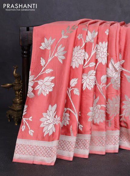 Art mushru silk saree peach shade with zari woven buttas and long zari woven border