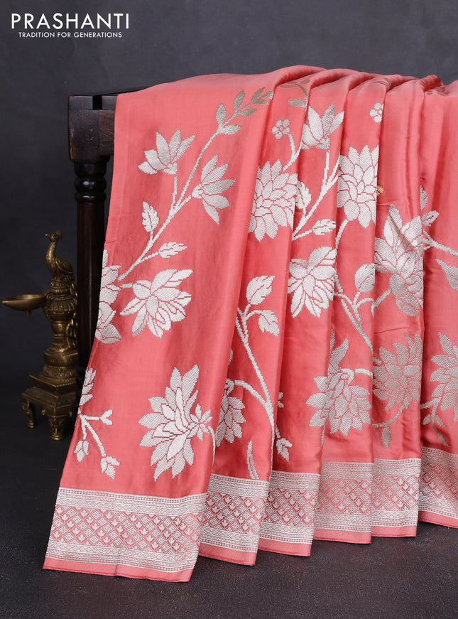 Art mushru silk saree peach shade with zari woven buttas and long zari woven border