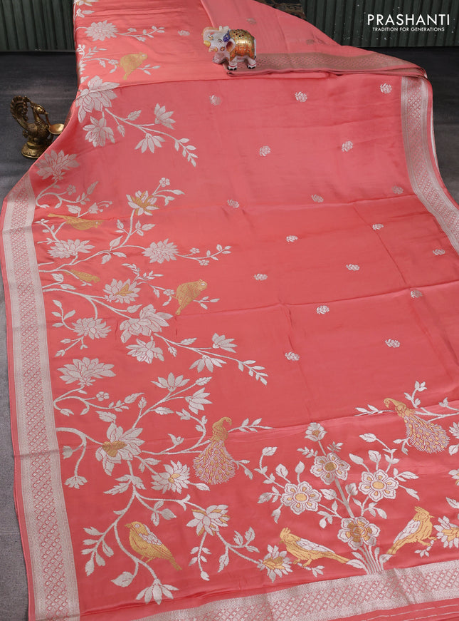 Art mushru silk saree peach shade with zari woven buttas and long zari woven border
