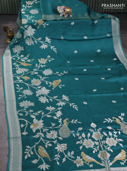 Art mushru silk saree teal blue shade with zari woven buttas and long zari woven border