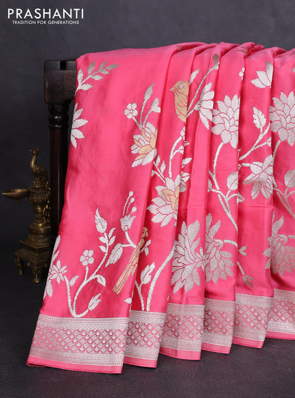 Art mushru silk saree peach pink with zari woven buttas and long zari woven border