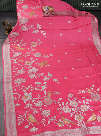 Art mushru silk saree peach pink with zari woven buttas and long zari woven border