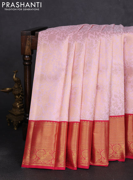 Pure kanchipuram silk saree mild peach pink and pink with allover zari woven brocade weaves and long rich zari woven border