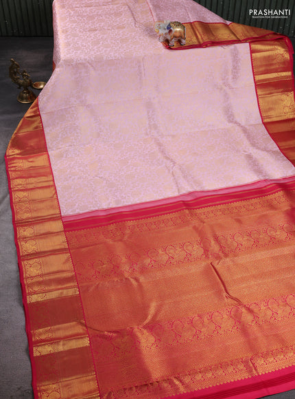 Pure kanchipuram silk saree mild peach pink and pink with allover zari woven brocade weaves and long rich zari woven border