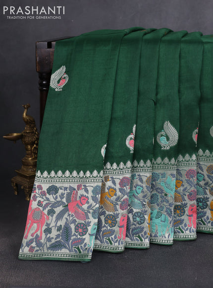 Banarasi raw silk saree green with silver zari woven peacock buttas and silver zari woven border