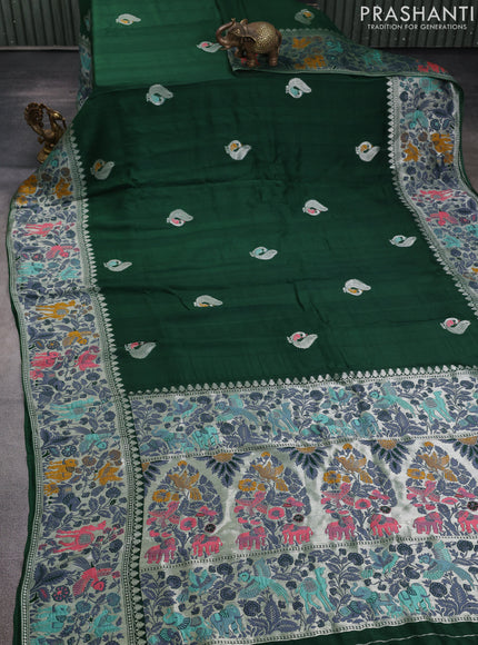 Banarasi raw silk saree green with silver zari woven peacock buttas and silver zari woven border