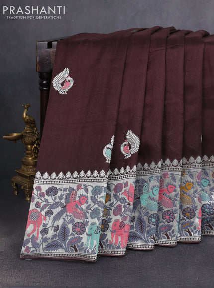 Banarasi raw silk saree coffee brown with silver zari woven peacock buttas and silver zari woven border