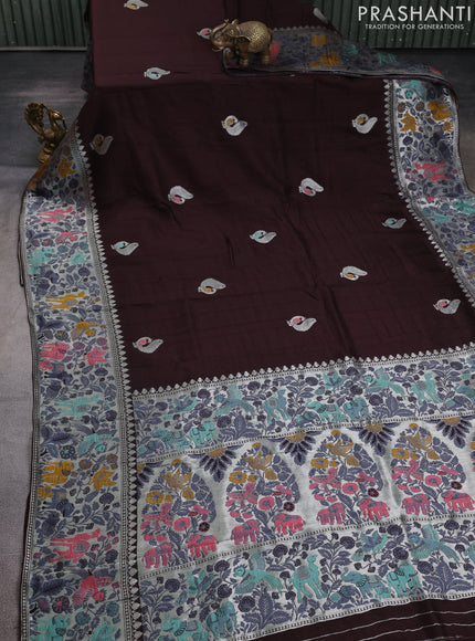 Banarasi raw silk saree coffee brown with silver zari woven peacock buttas and silver zari woven border