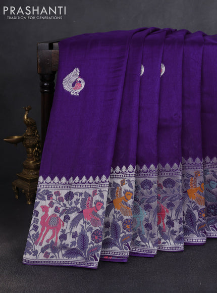 Banarasi raw silk saree violet with silver zari woven peacock buttas and silver zari woven border