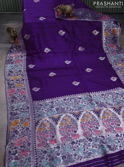 Banarasi raw silk saree violet with silver zari woven peacock buttas and silver zari woven border