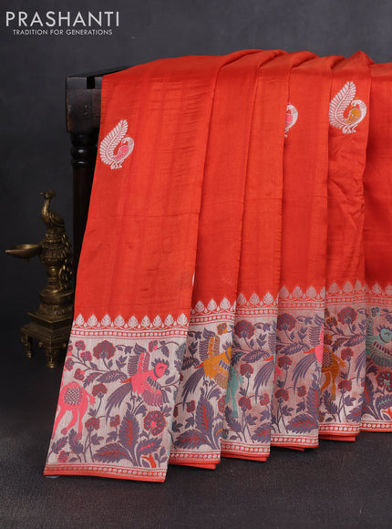 Banarasi raw silk saree orange with silver zari woven peacock buttas and silver zari woven border