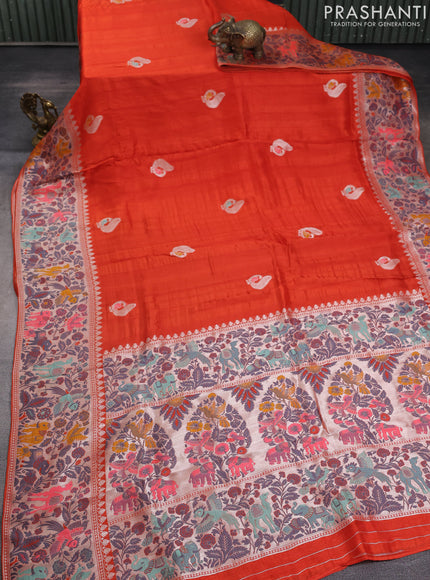 Banarasi raw silk saree orange with silver zari woven peacock buttas and silver zari woven border