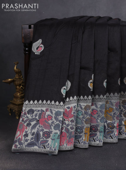 Banarasi raw silk saree black with silver zari woven peacock buttas and silver zari woven border