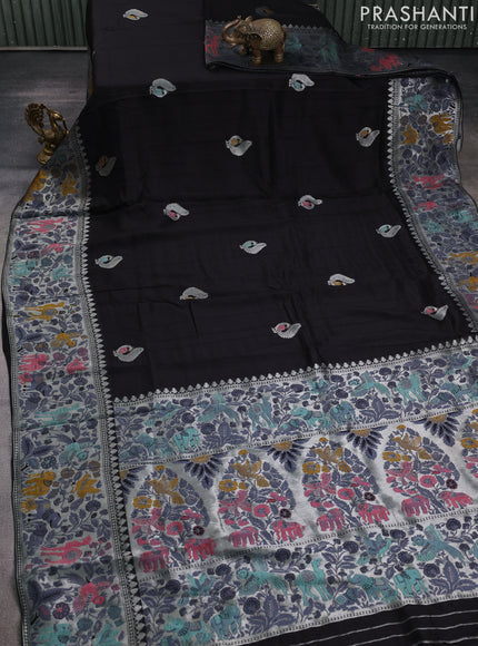 Banarasi raw silk saree black with silver zari woven peacock buttas and silver zari woven border