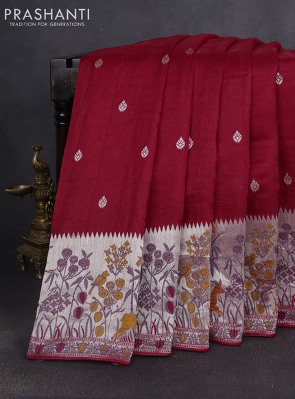 Banarasi raw silk saree red with silver zari woven buttas and silver zari woven border