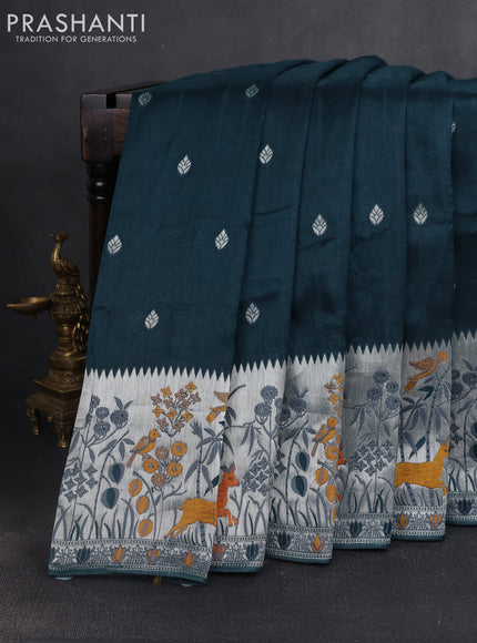Banarasi raw silk saree peacock green with silver zari woven buttas and silver zari woven border