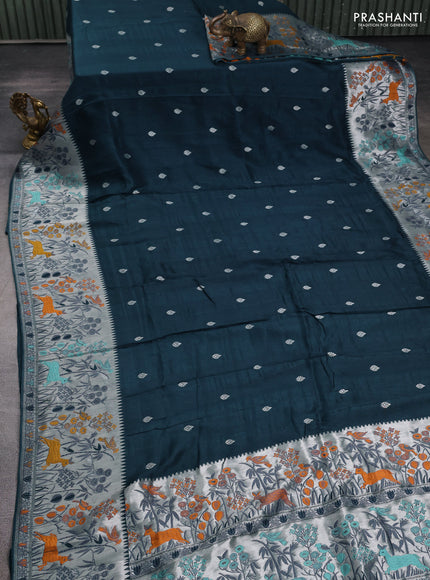 Banarasi raw silk saree peacock green with silver zari woven buttas and silver zari woven border