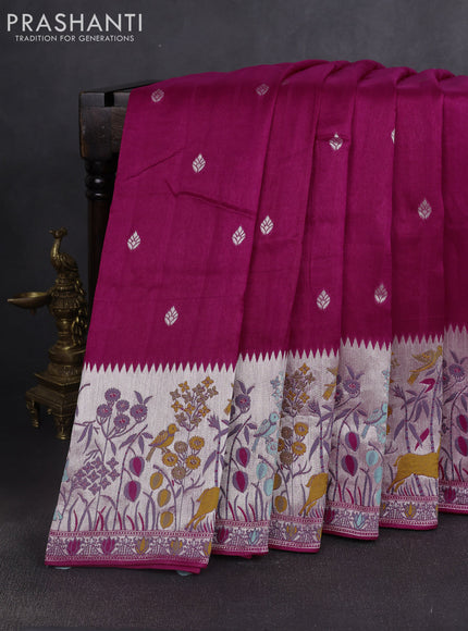 Banarasi raw silk saree magenta pink with silver zari woven buttas and silver zari woven border