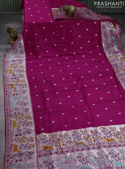 Banarasi raw silk saree magenta pink with silver zari woven buttas and silver zari woven border